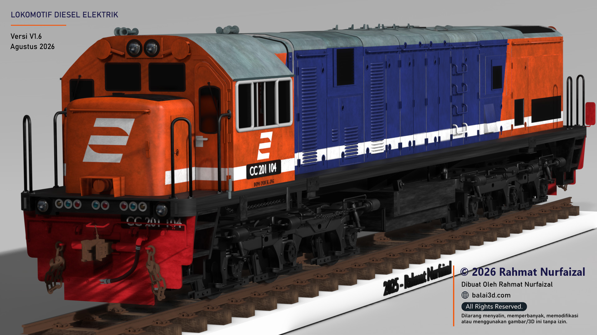Model 3D Lokomotif CC 201 Merah Biru Perumka